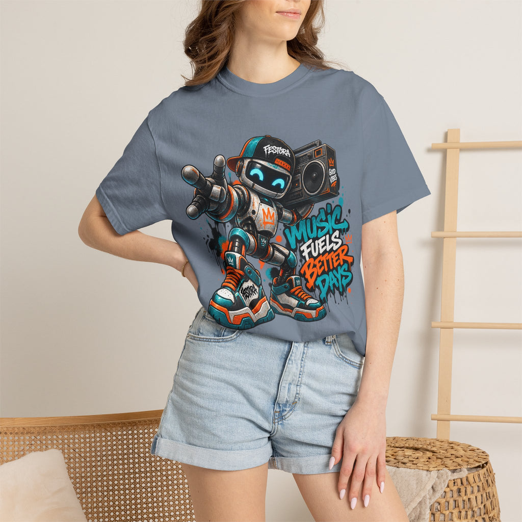 Music Fuels Better Days T-Shirt — Retro Robot Boombox Streetwear