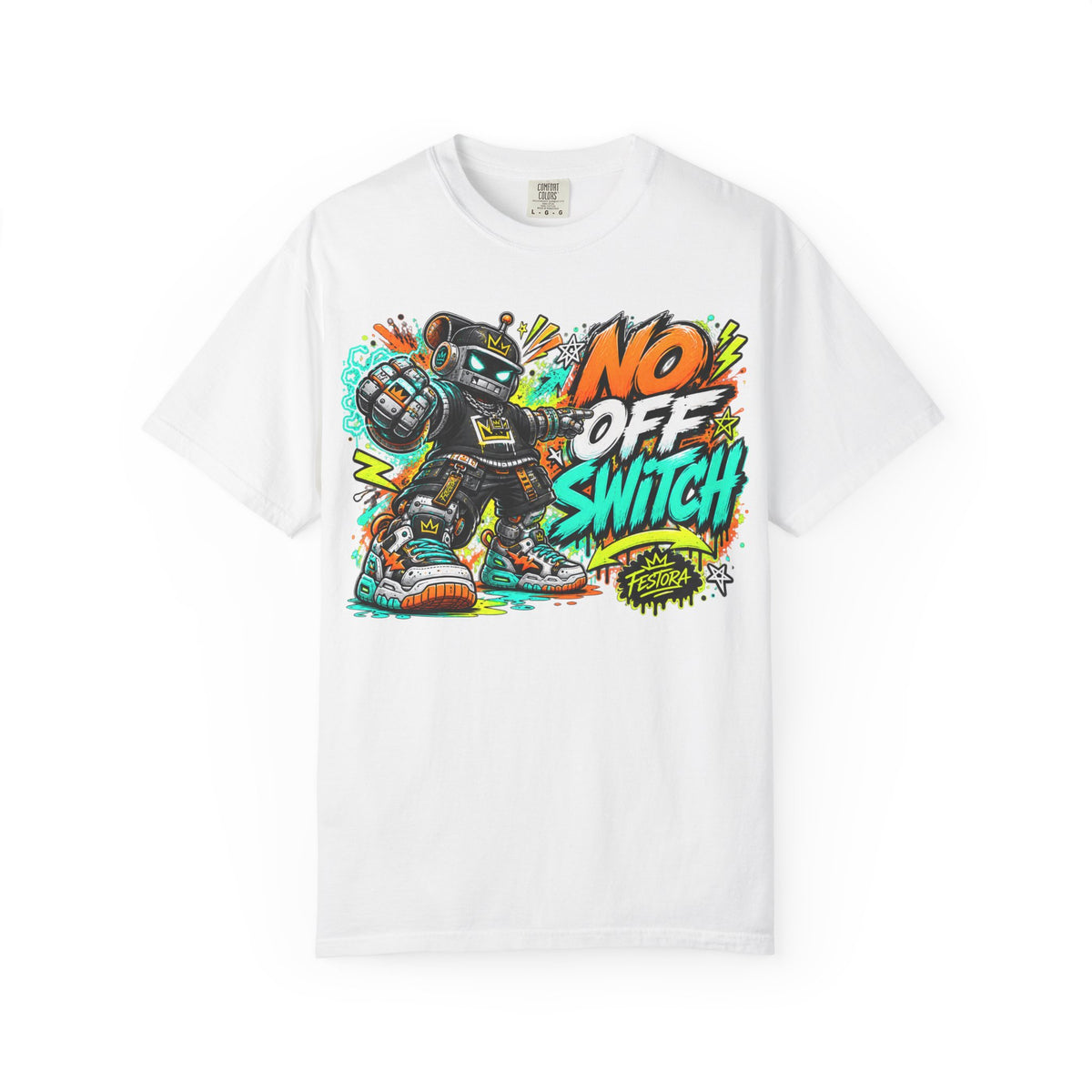 No Off Switch Robot Graphic T-Shirt — Bold Retro Streetwear Design