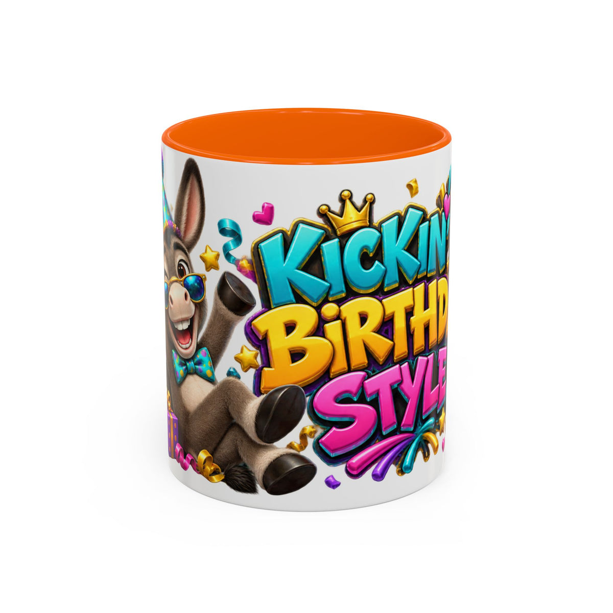 Kickin’ It Birthday Style Donkey White Mug – Funny Happy Birthday Party Cup, Cute Colorful Gift
