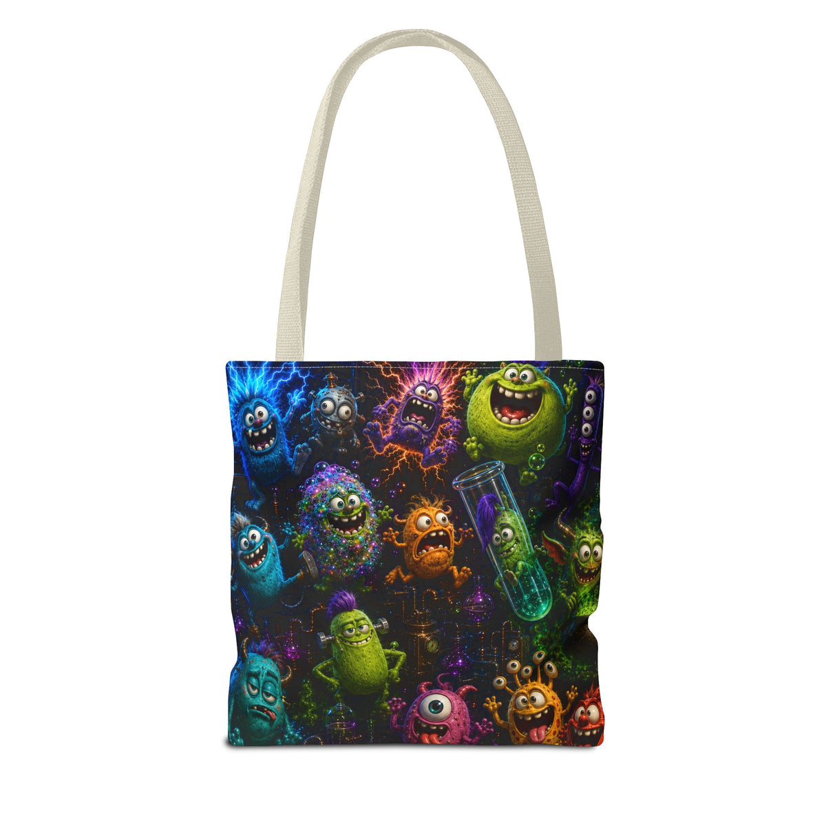 Mad Scientist Monsters Tote Bag – Colorful Laboratory Creature All-Over Print
