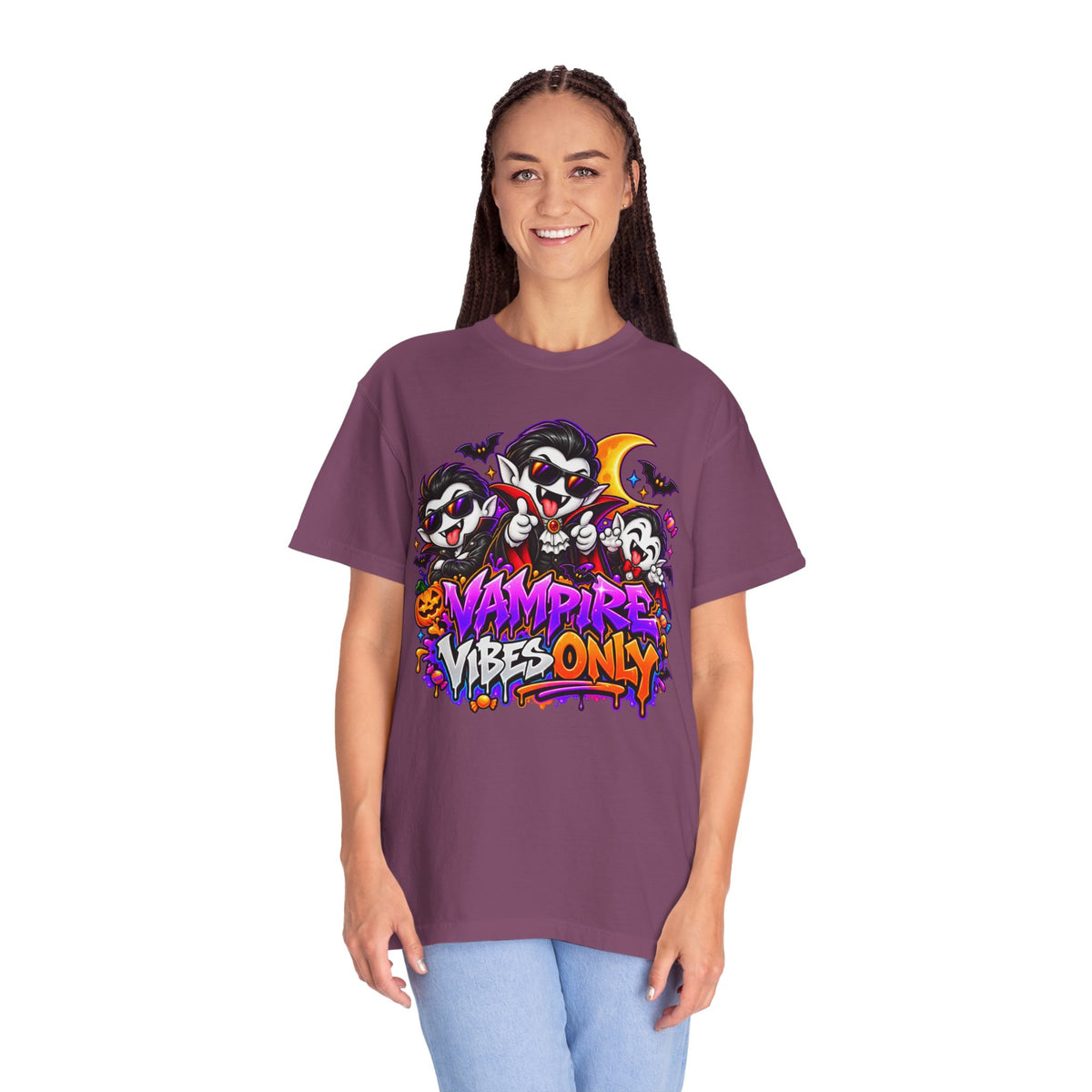 Neon Vampire Vibes Halloween Unisex Garment-Dyed T-Shirt Featuring a Cool Festora Vampire Crew