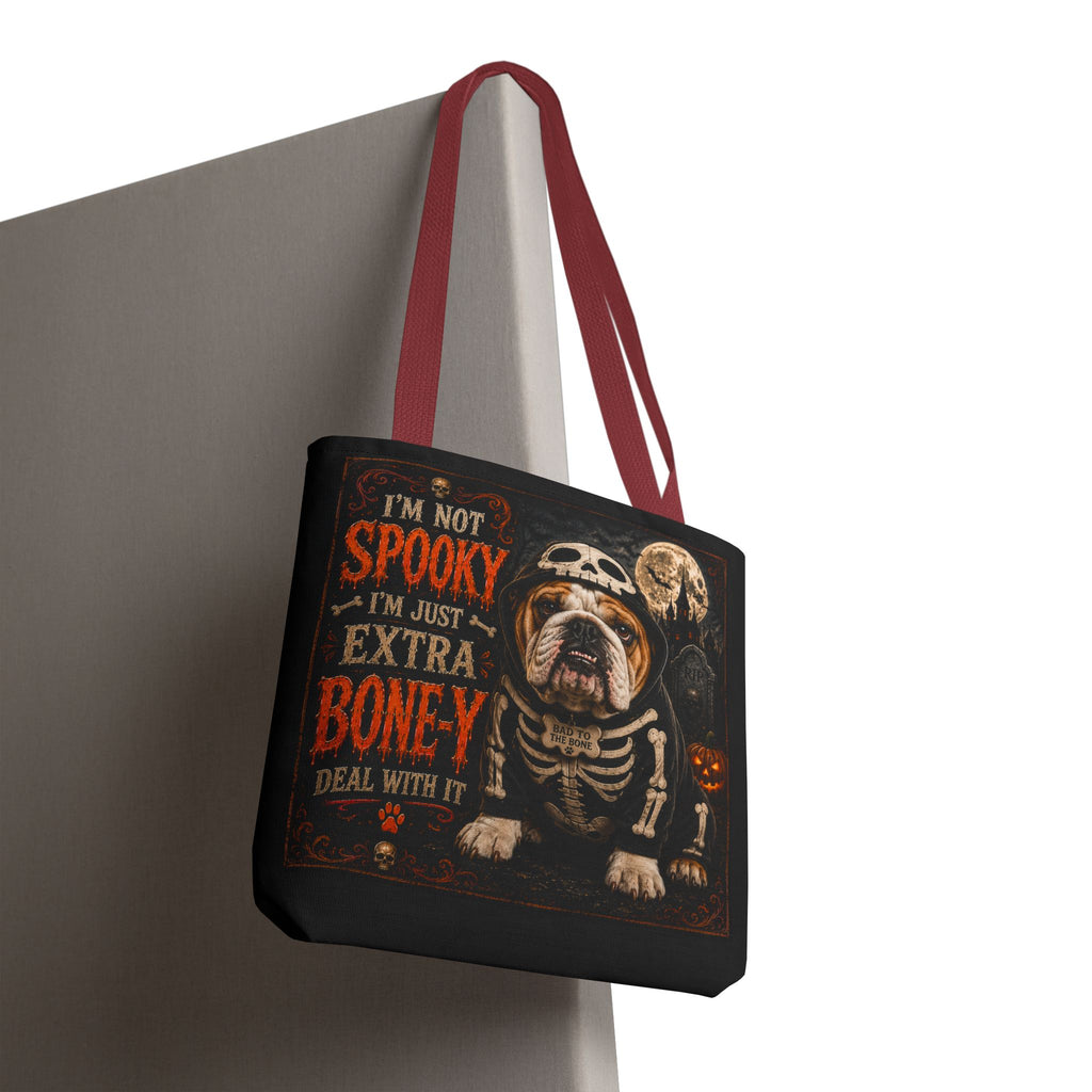 Halloween Bulldog Tote Bag – "I’m Not Spooky, I’m Just Extra Boney" All-Over Print