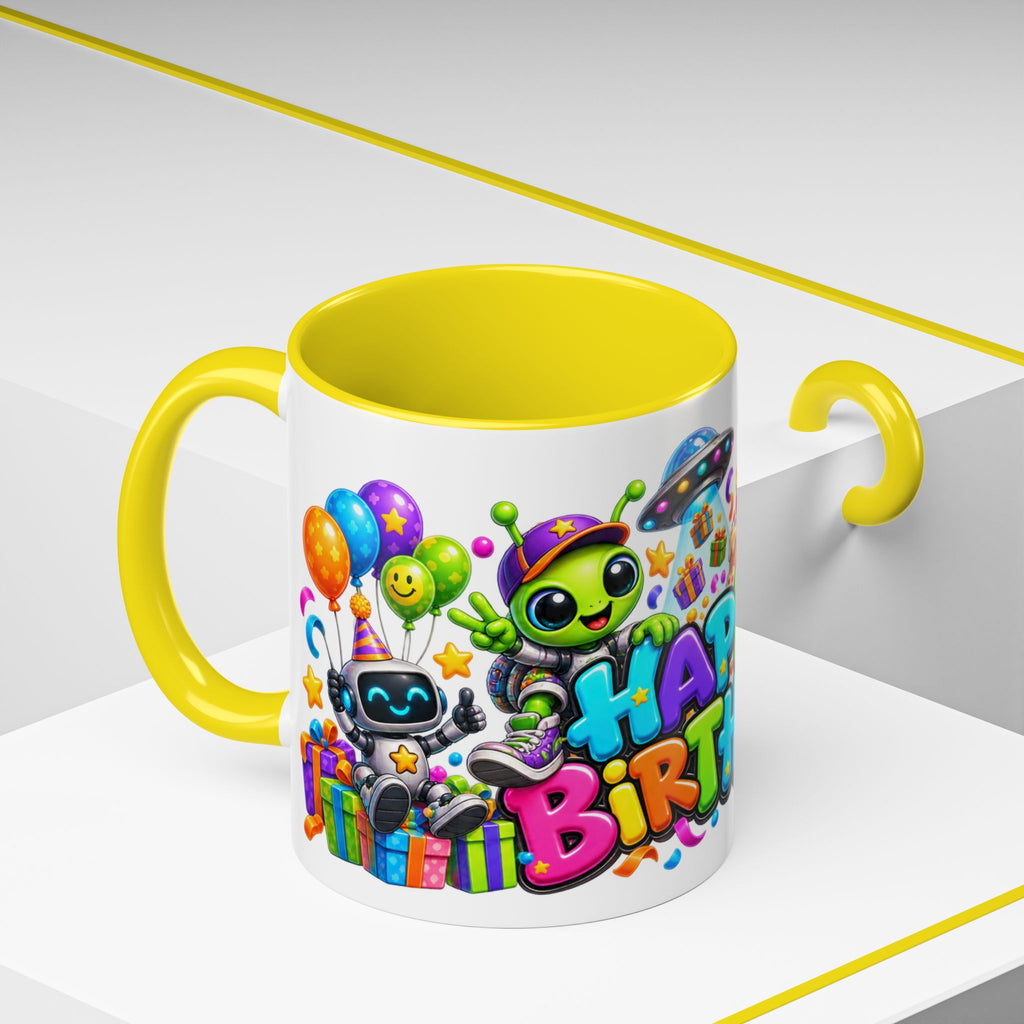 Happy Birthday Space Party Mug – Cute Aliens, Robots, UFO & Colorful 3D Birthday Design