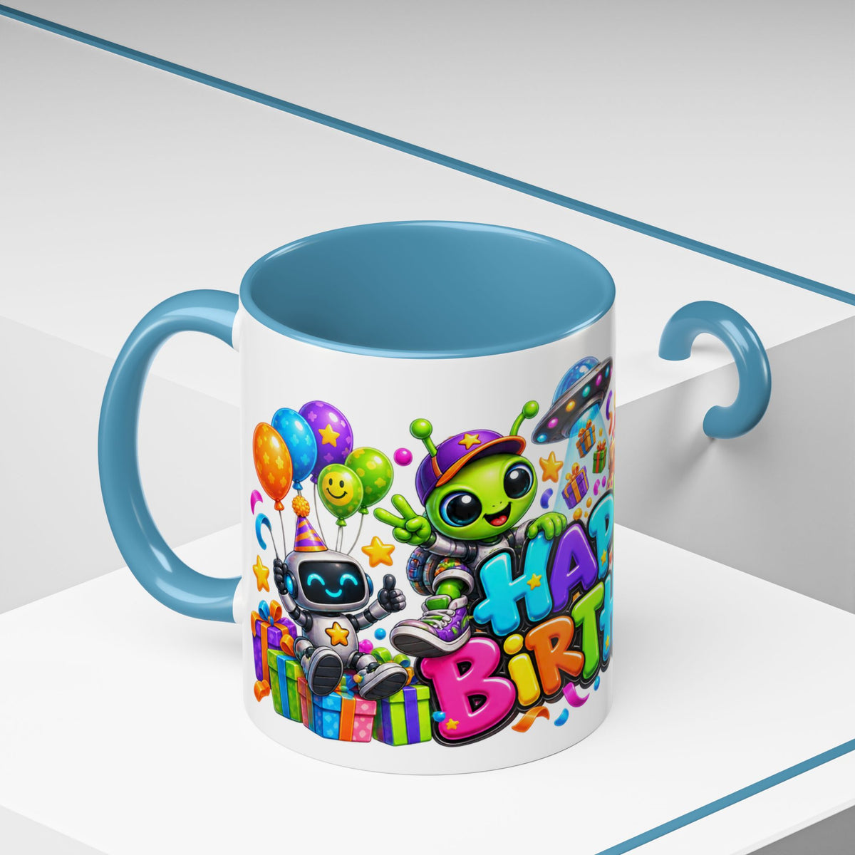 Happy Birthday Space Party Mug – Cute Aliens, Robots, UFO & Colorful 3D Birthday Design