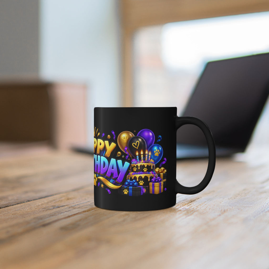 Cool Black Panther Happy Birthday Mug – Purple Blue & Gold Birthday Design – FestoraShop Black Coffee Mug