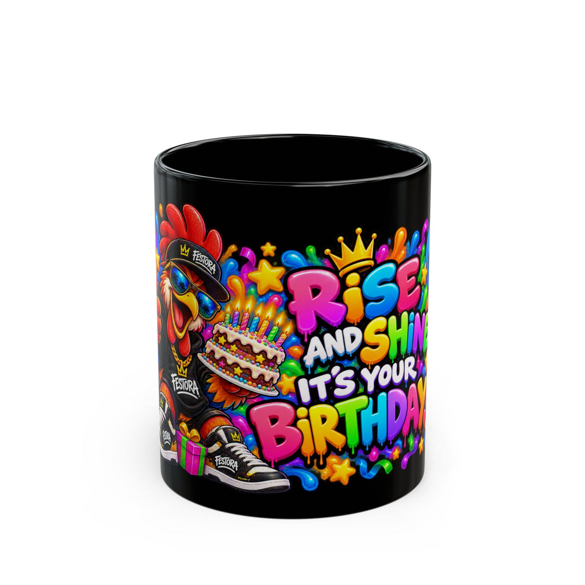 RISE AND SHINE… IT’S YOUR BIRTHDAY! Black Ceramic Mug – Funny Rooster Birthday Coffee Cup – Colorful Party Gift – Original FestoraShop Design