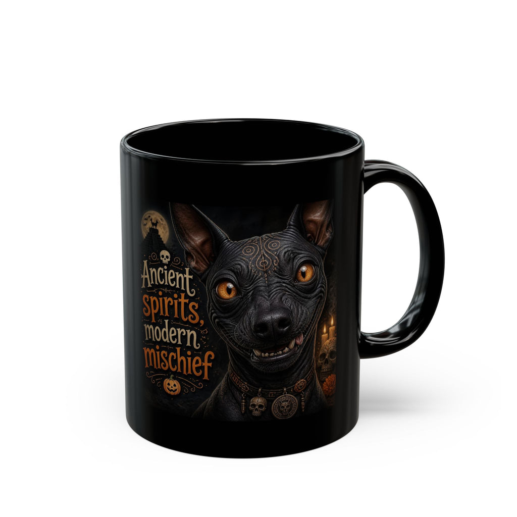 Ancient Spirits, Modern Mischief Black Mug — Halloween Cat Skull Design (11oz/15oz)