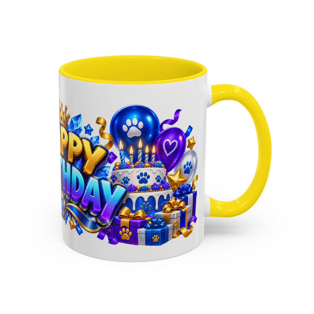 White Wolf Happy Birthday Mug – Blue Purple & Gold Birthday Gift – FestoraShop White Coffee Mug