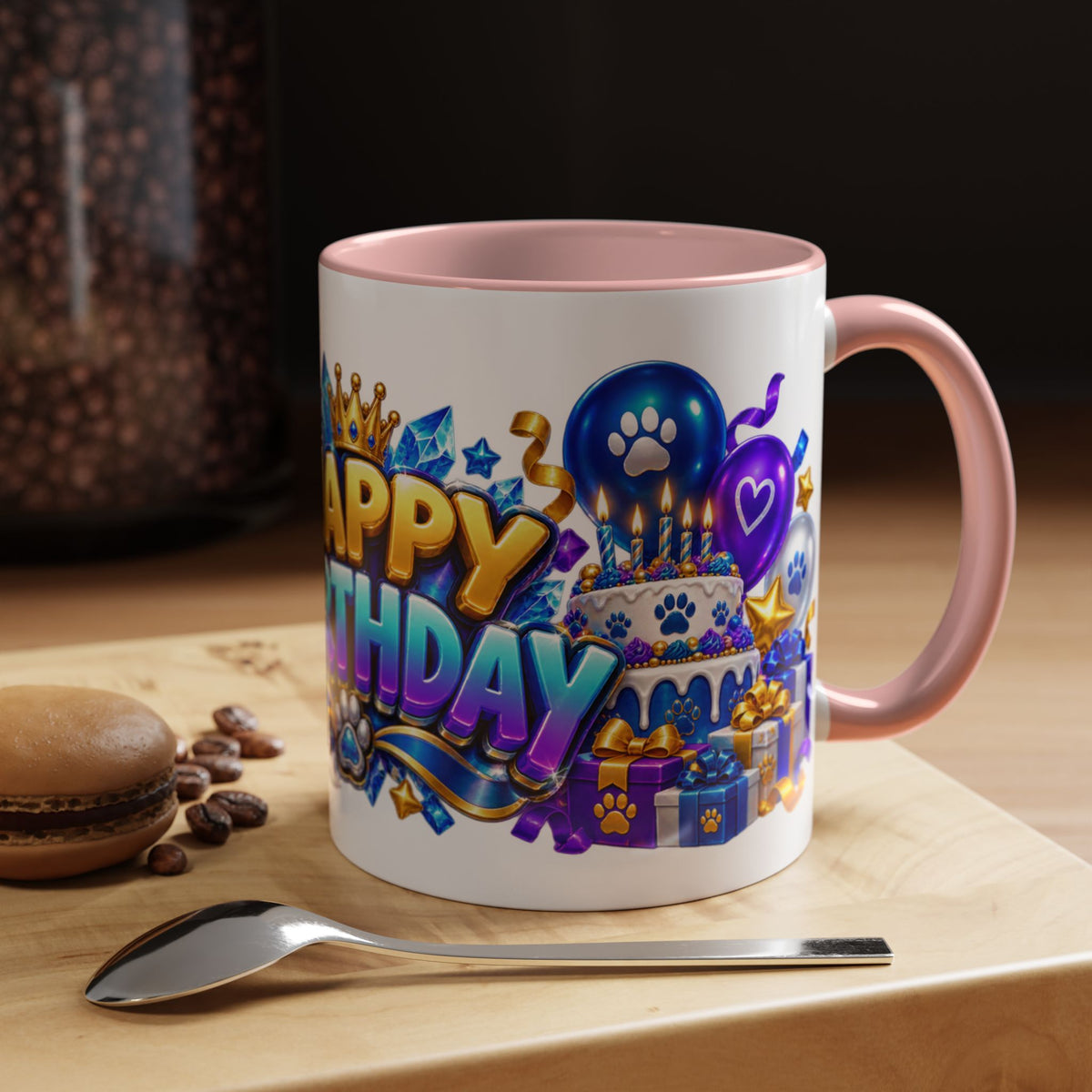 White Wolf Happy Birthday Mug – Blue Purple & Gold Birthday Gift – FestoraShop White Coffee Mug