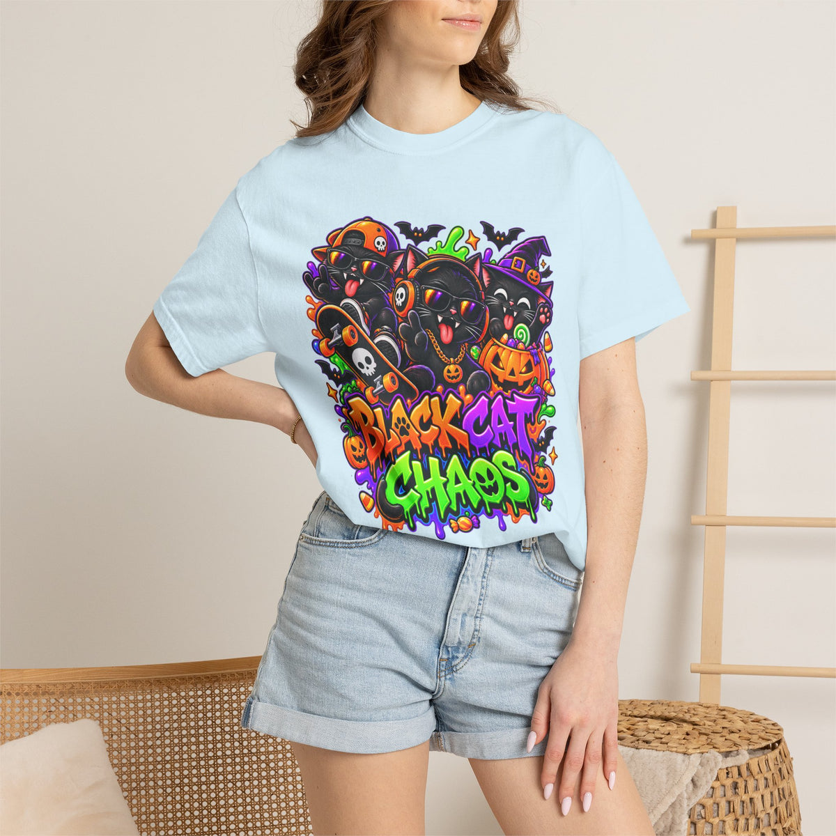 Neon Black Cat Halloween Chaos T-Shirt | Cute Spooky Cat Graphic Tee