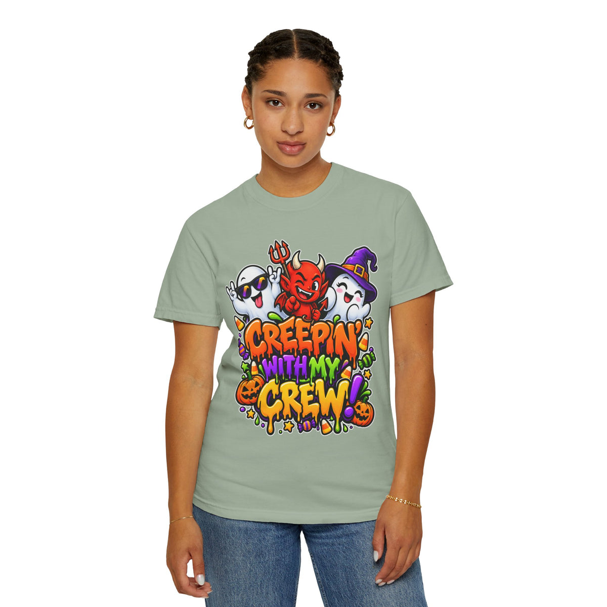 Creepin’ With My Crew Halloween T-Shirt – Colorful Funny Ghost & Devil Graphic Tee