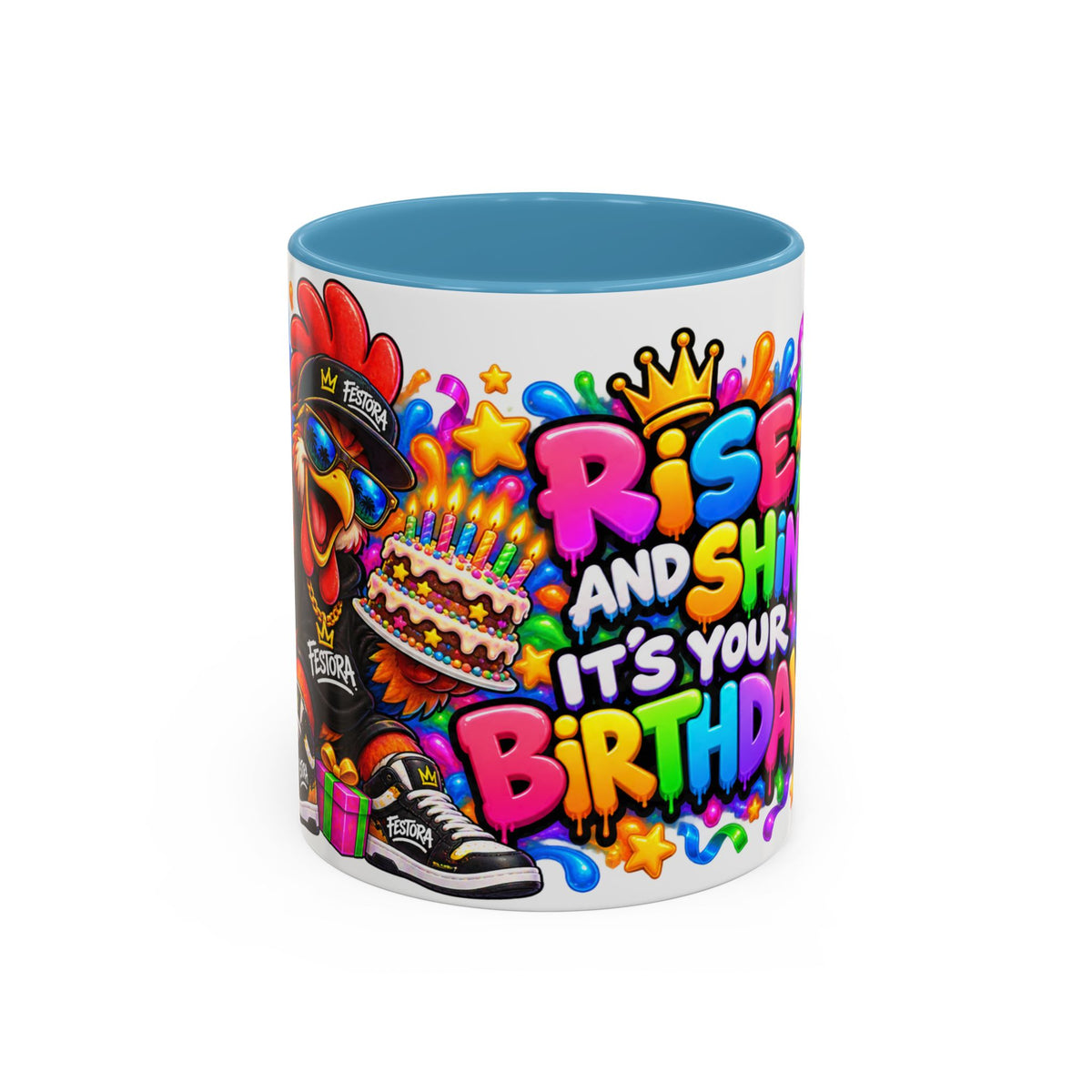 RISE AND SHINE… IT’S YOUR BIRTHDAY! White Ceramic Mug – Funny Rooster Birthday Coffee Cup – Colorful Party Gift – Original FestoraShop Design