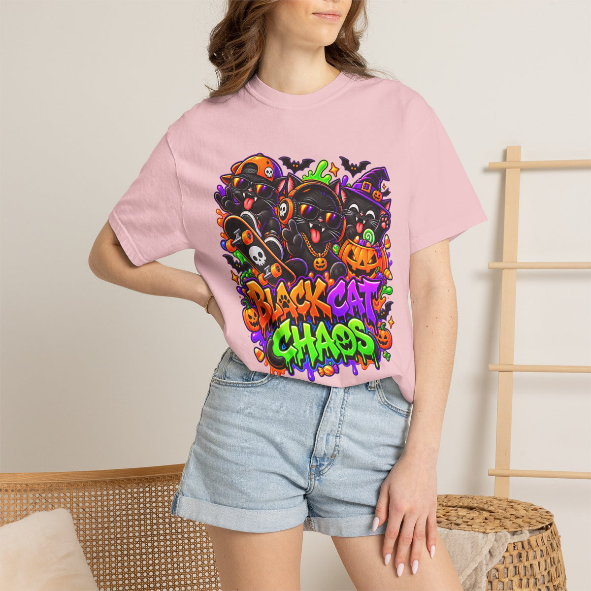 Neon Black Cat Halloween Chaos T-Shirt | Cute Spooky Cat Graphic Tee
