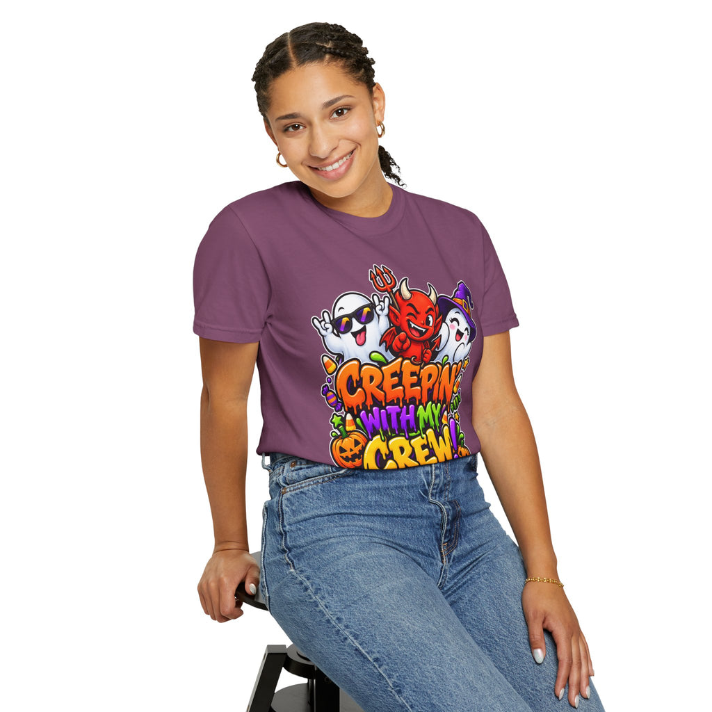 Creepin’ With My Crew Halloween T-Shirt – Colorful Funny Ghost & Devil Graphic Tee