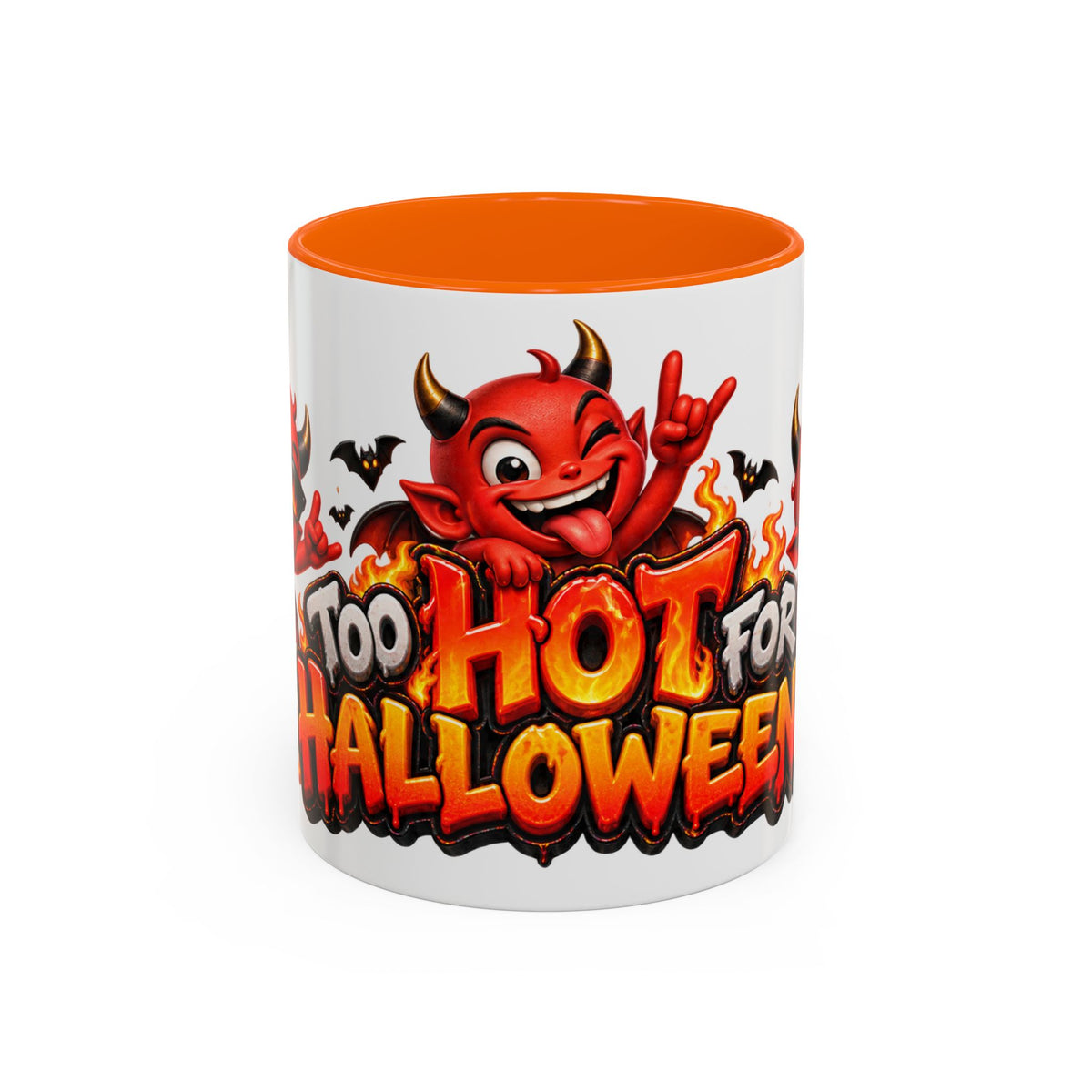 Too Hot for Halloween White Mug – Funny Devils, Flames & Spooky Design