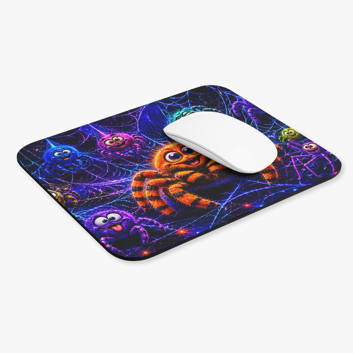 Cute Halloween Spider Mouse Pad - Colorful Cartoon Spiders on Neon Web