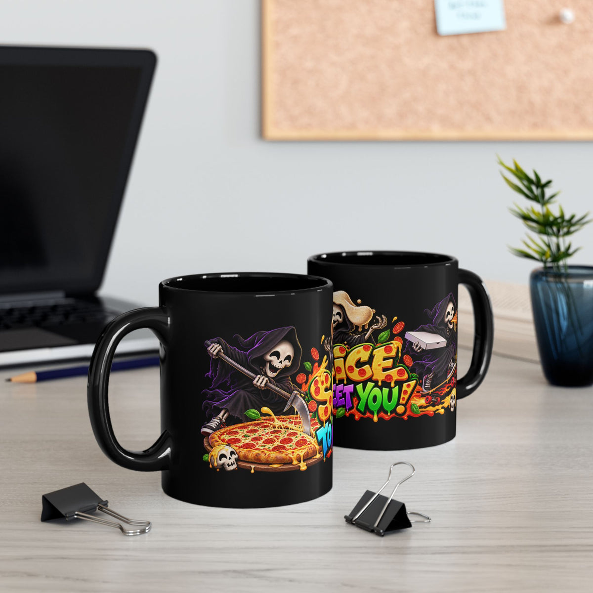 Slice to Meet You Funny Grim Reaper Pizza Halloween Black Mug