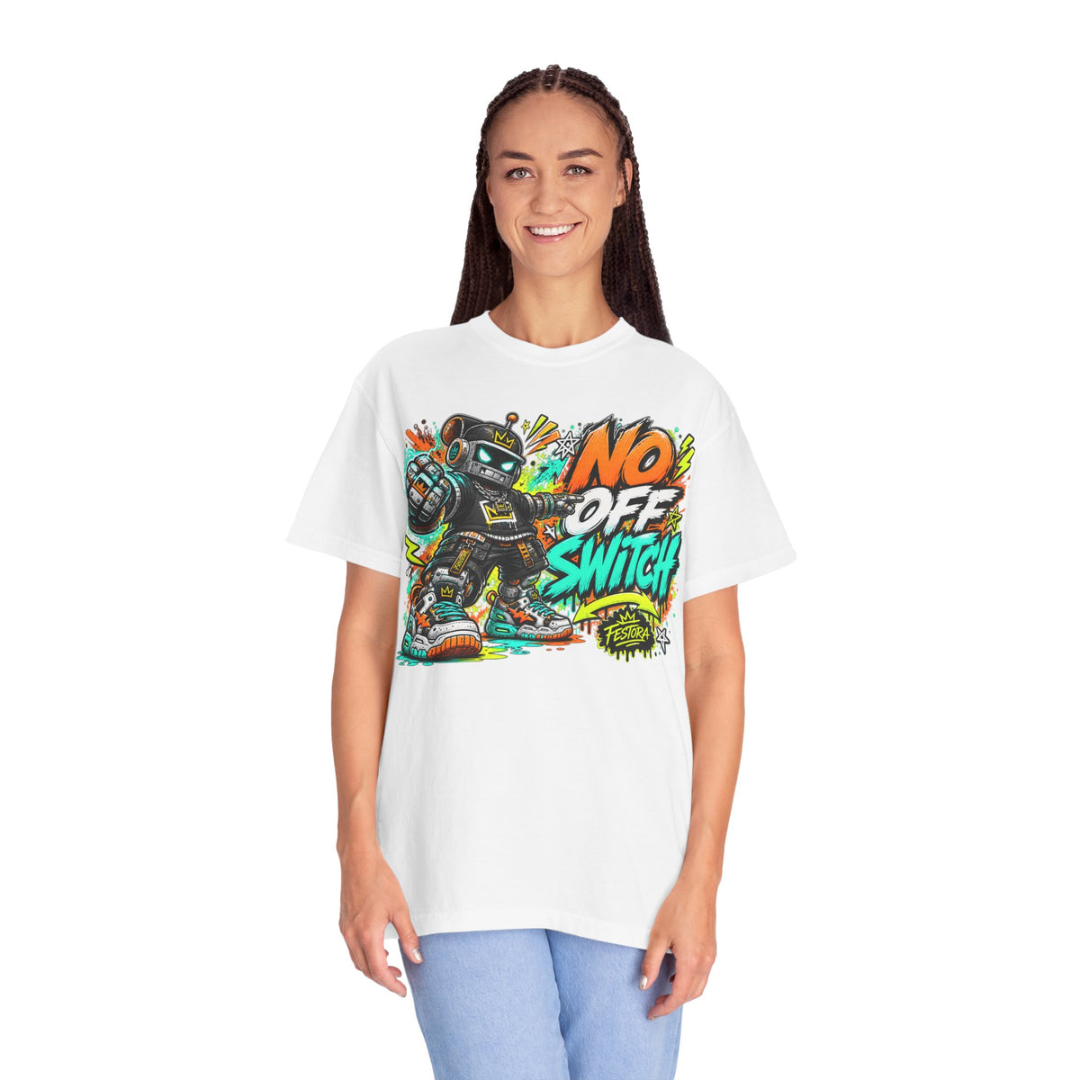 No Off Switch Robot Graphic T-Shirt — Bold Retro Streetwear Design