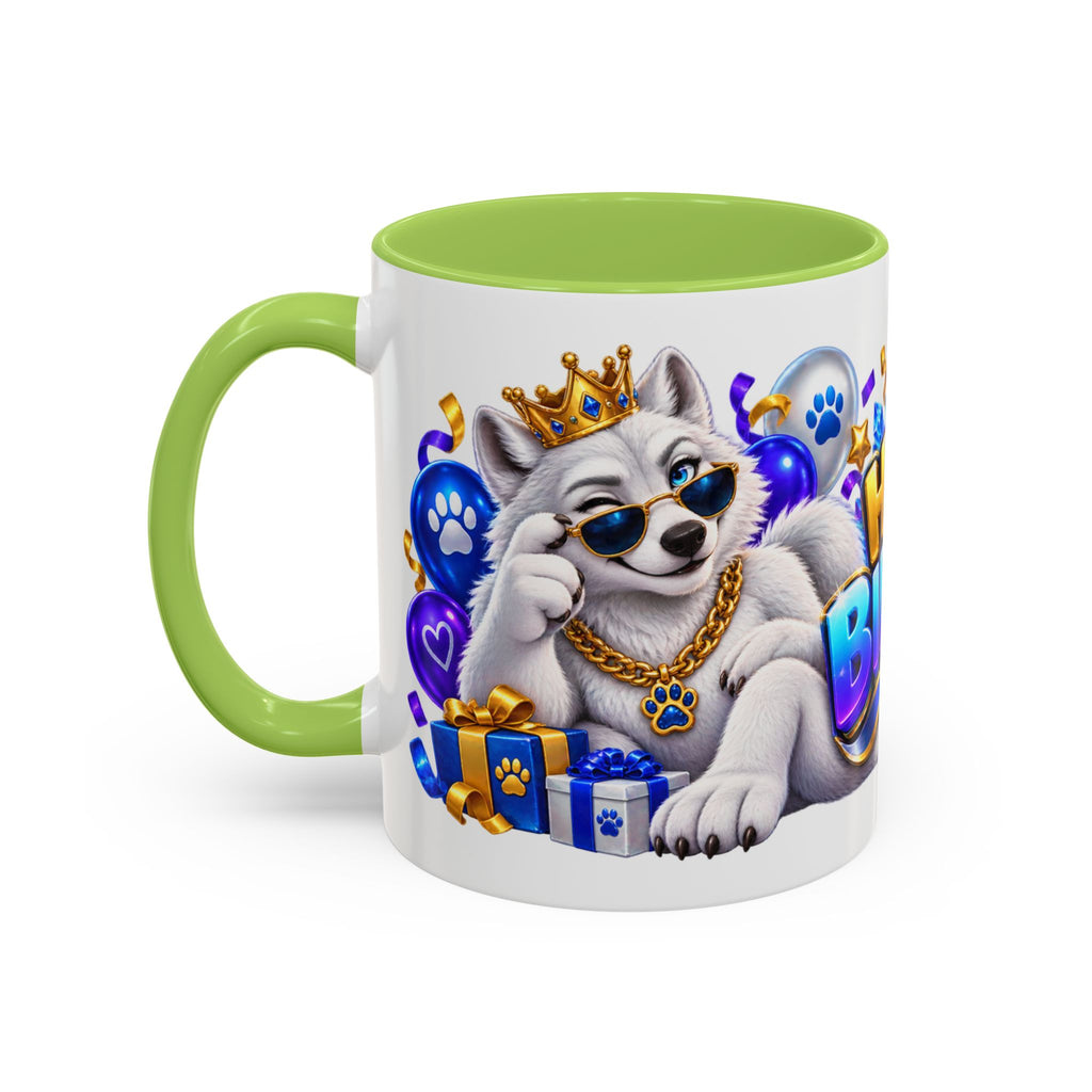 White Wolf Happy Birthday Mug – Blue Purple & Gold Birthday Gift – FestoraShop White Coffee Mug