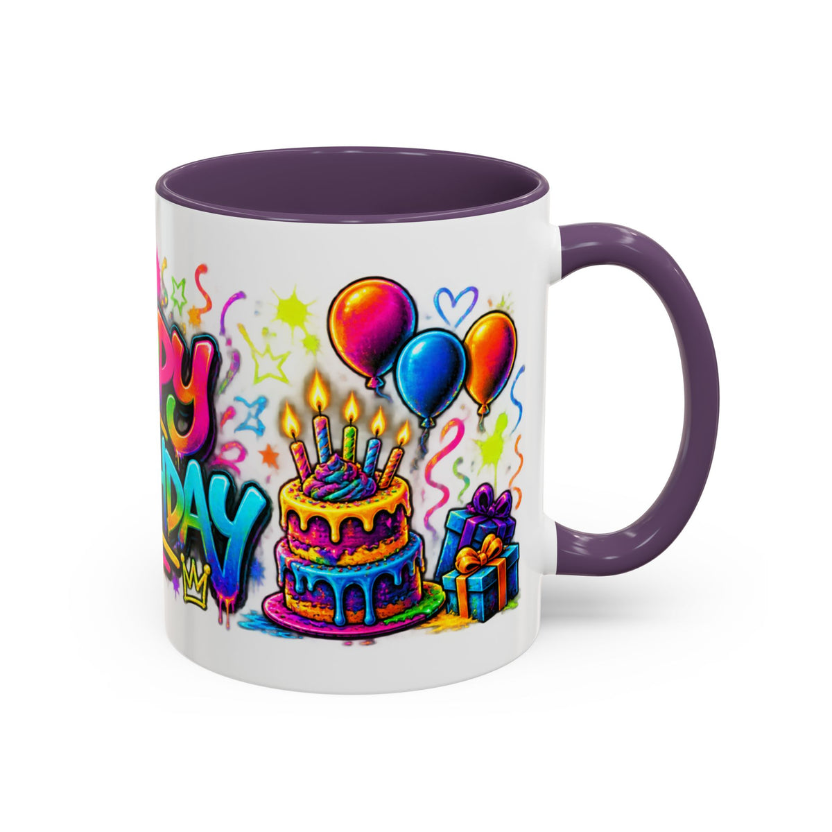 Happy Birthday Accent Coffee Mug – Colorful Graffiti Cake & Balloons (11/15oz)
