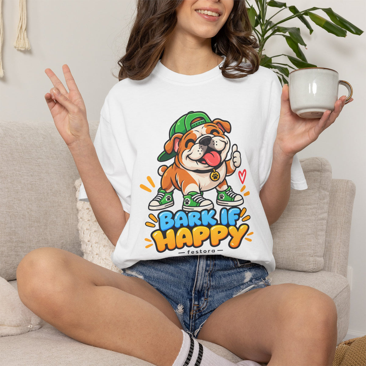 Bark If Happy – Cute Bulldog Graphic T-Shirt