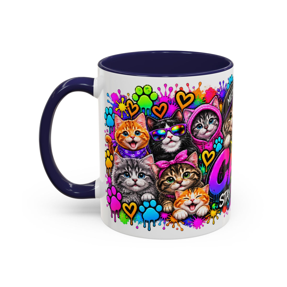 Cats Stay Pawsitive Accent Coffee Mug – Colorful Cute Cat Paw Print Design (11oz)