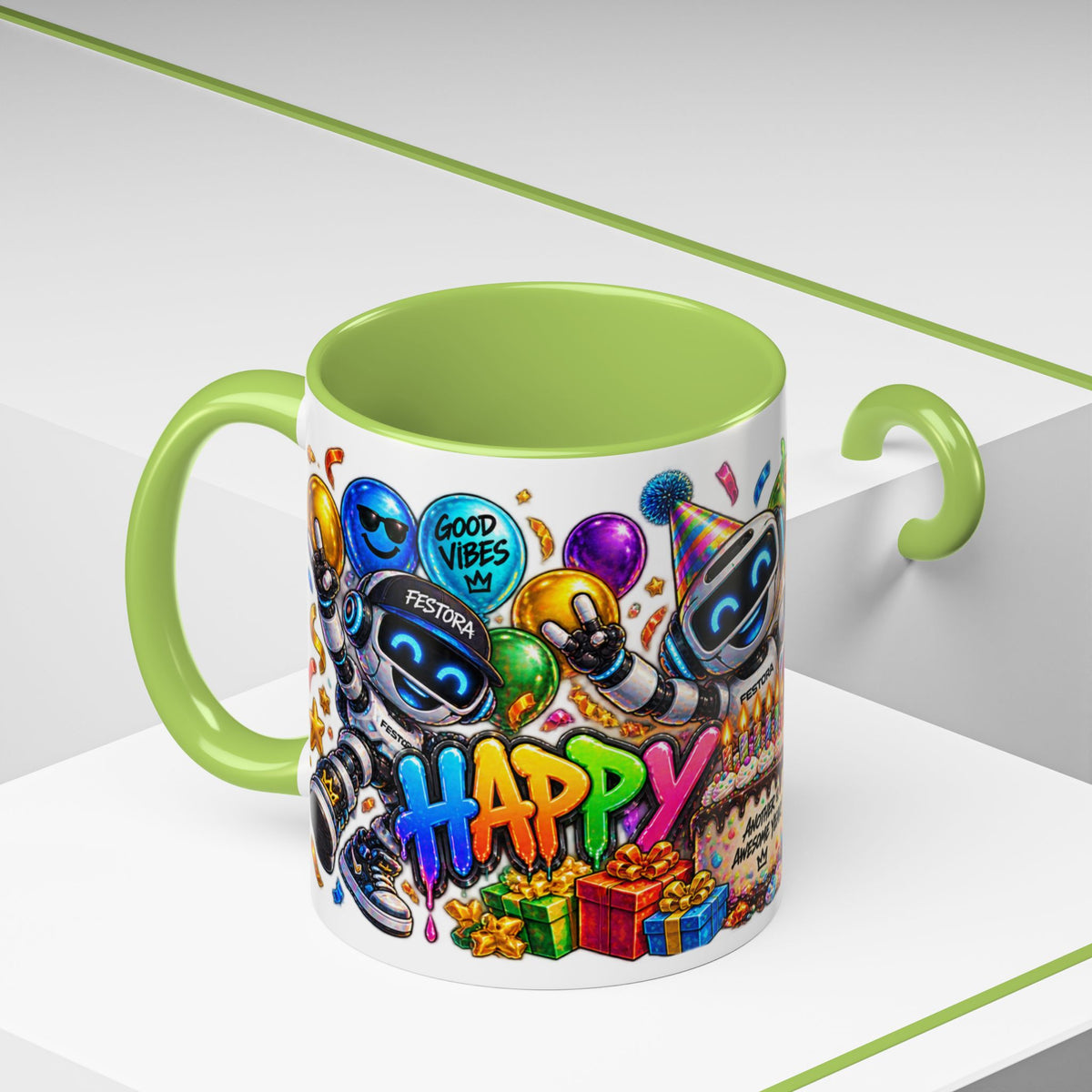 Birthday Robot Coffee Mug — Colorful Happy Birthday Accent Mug (11oz)