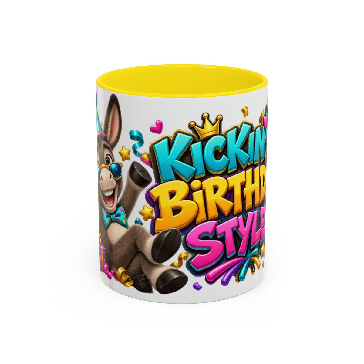 Kickin’ It Birthday Style Donkey White Mug – Funny Happy Birthday Party Cup, Cute Colorful Gift