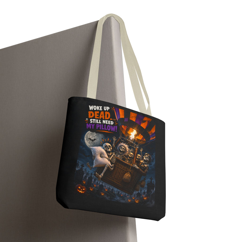 Halloween Ghost Tote — "Woke Up Dead... Still Need My Pillow" All-Over Print Tote