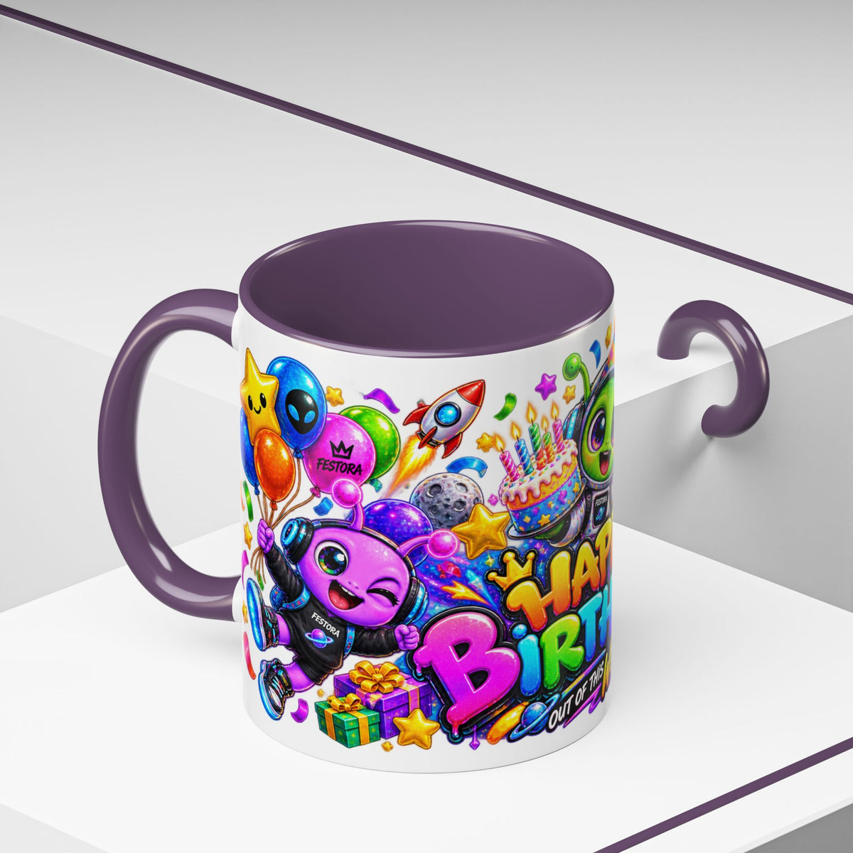 Happy Birthday Out of This World Accent Mug — Cute Alien Space Birthday Coffee Cup (11oz)