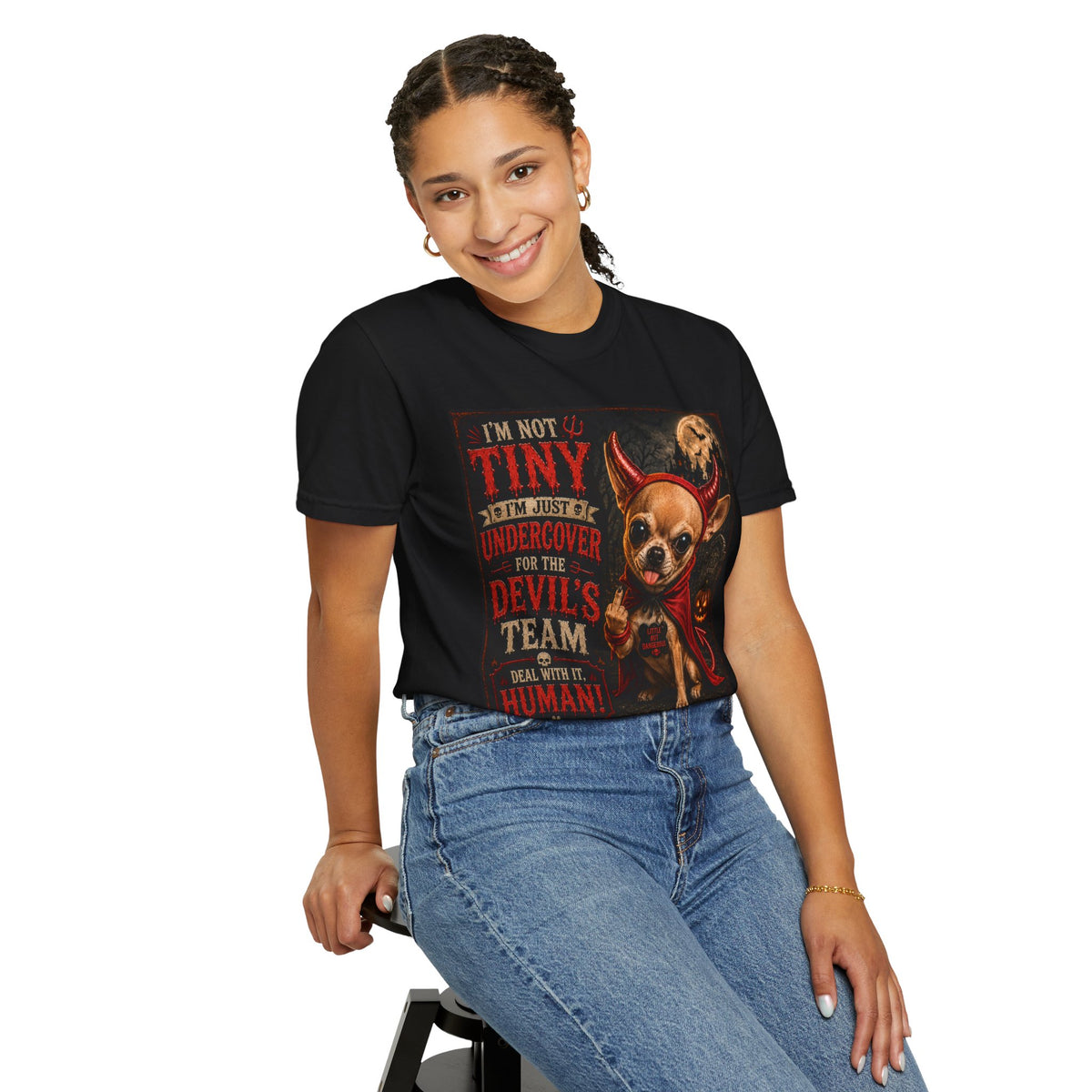 Chihuahua Devil Costume T-Shirt — "I'm Not Tiny, I'm Undercover for the Devil's Team" Halloween Tee