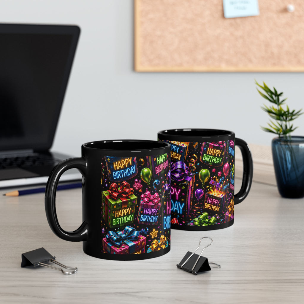 Happy Birthday Gift & Balloons Black Mug — Colorful Celebration Coffee Cup