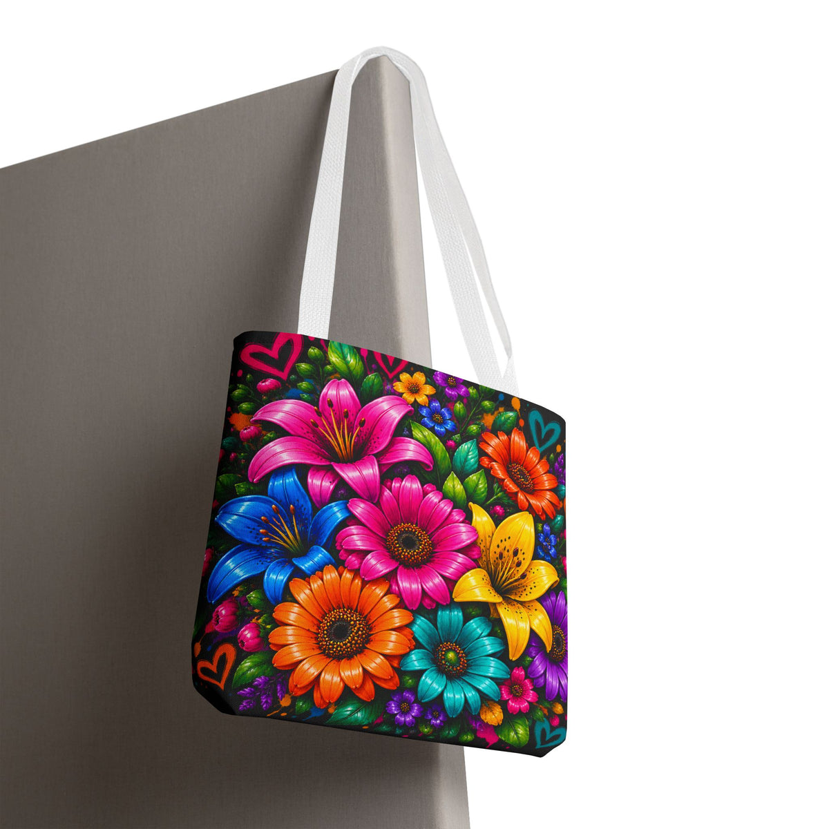 Festora Floral Burst Tote Bag — Colorful Flowers on Black