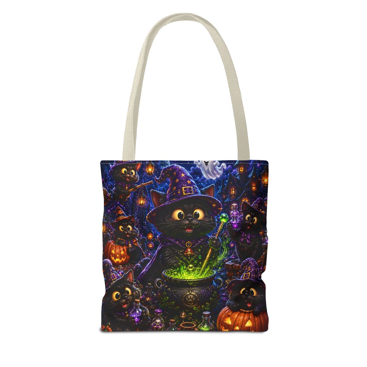 Halloween Black Cat Witches Tote Bag — Cute 3D Cats, Cauldron & Pumpkins Design