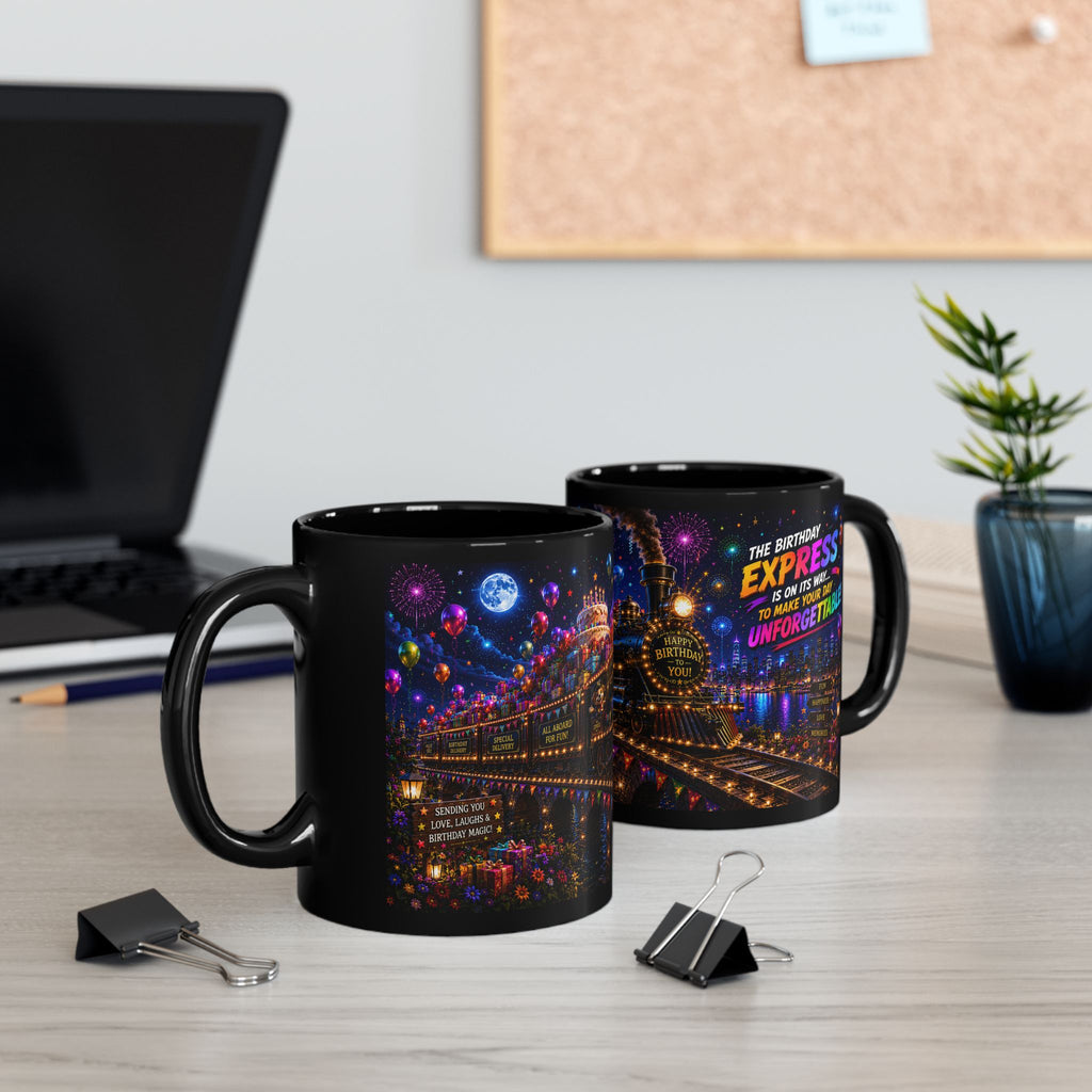 Birthday Express Black Mug – Colorful Train Party Coffee Cup (11oz)