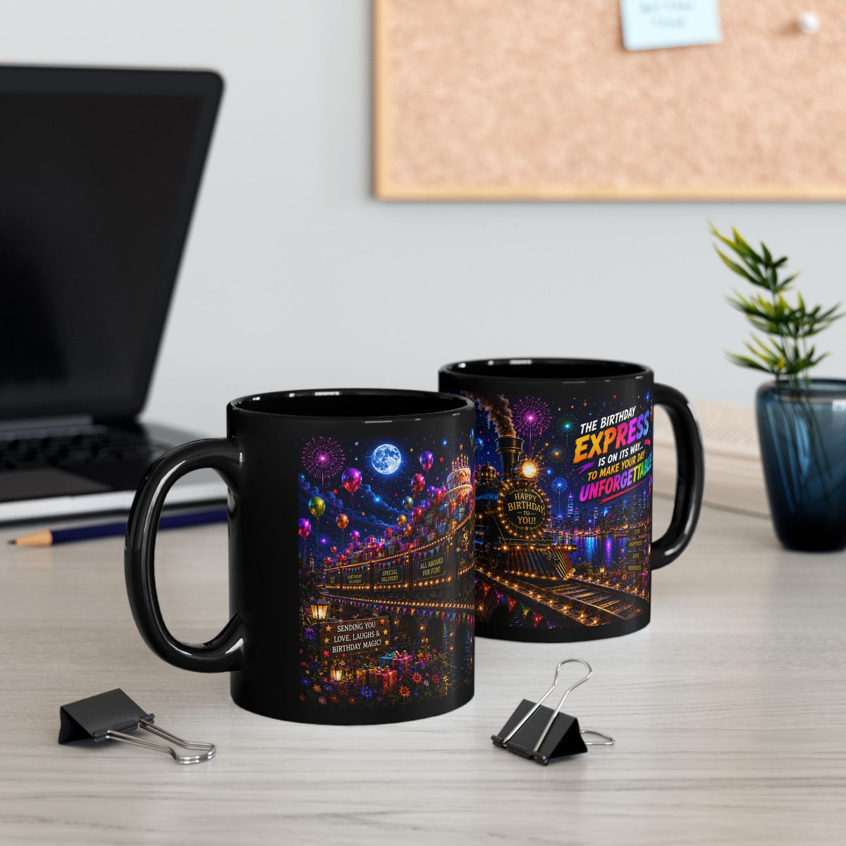 Birthday Express Black Mug – Colorful Train Party Coffee Cup (11oz)