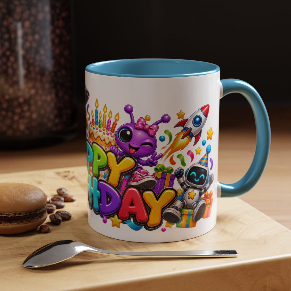 Happy Birthday Space Party Mug – Cute Aliens, Robots, UFO & Colorful 3D Birthday Design