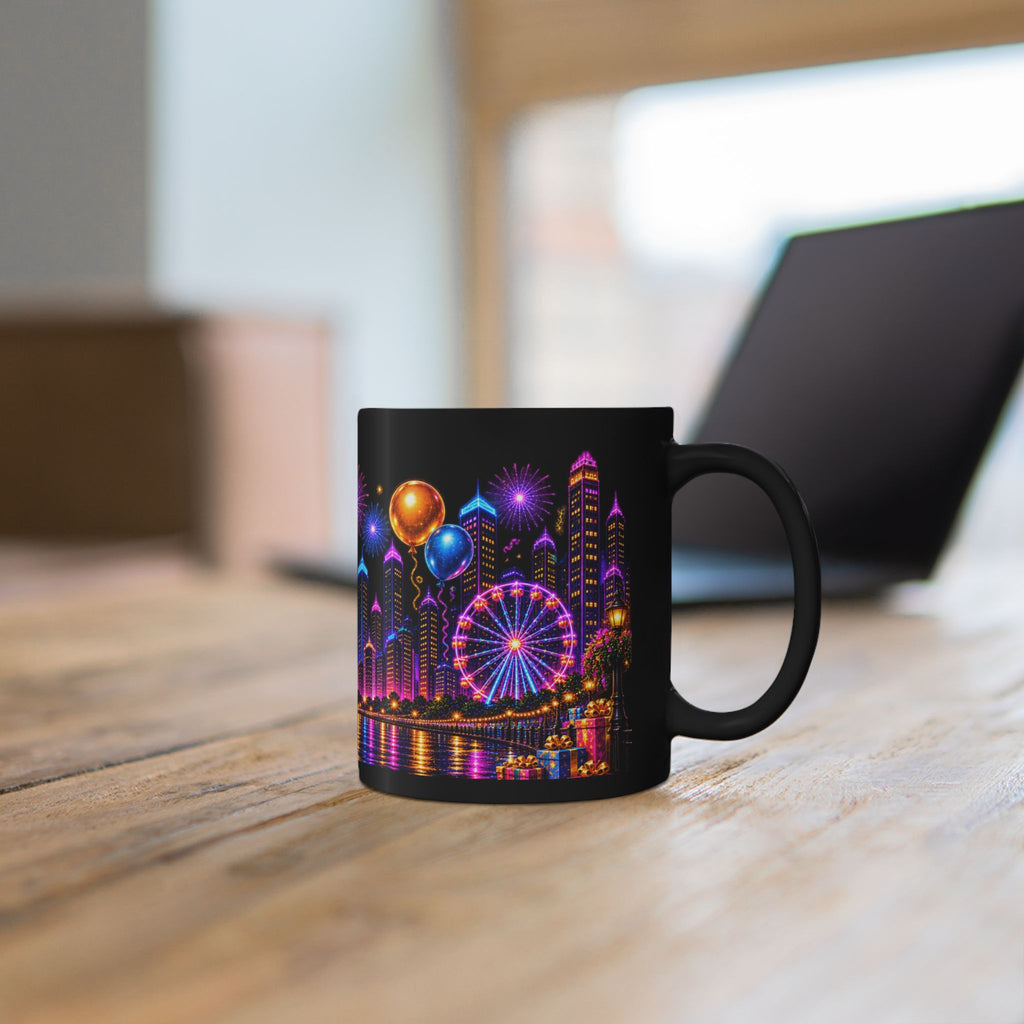 Happy Birthday Neon City Night Mug – Colorful Fireworks & Balloons