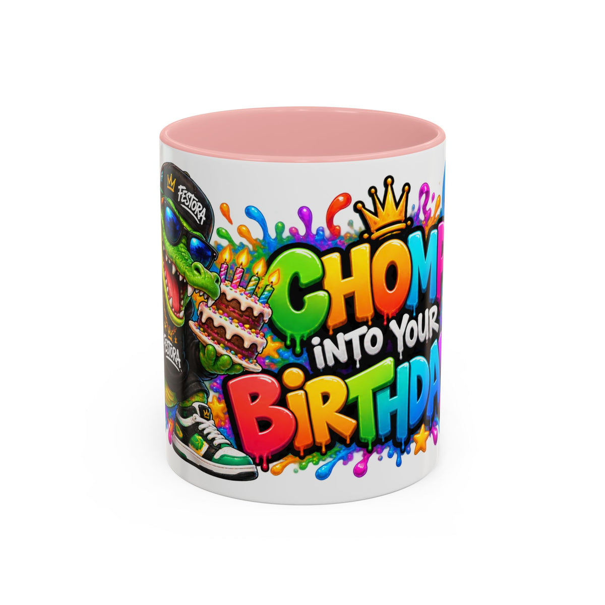 CHOMP INTO YOUR BIRTHDAY! White Ceramic Mug – Funny Crocodile Birthday Coffee Cup – Colorful Party Gift – Original FestoraShop Design