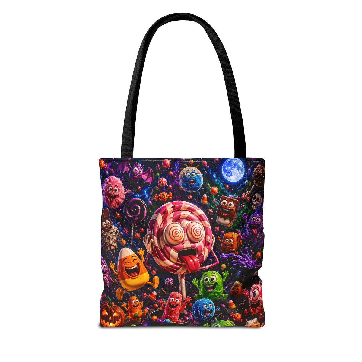 Crazy Halloween Candy Monsters Tote Bag — Colorful 3D Lolipop & Treats Design