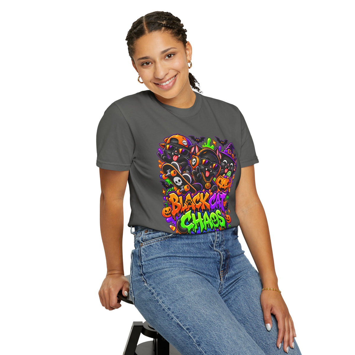 Neon Black Cat Halloween Chaos T-Shirt | Cute Spooky Cat Graphic Tee