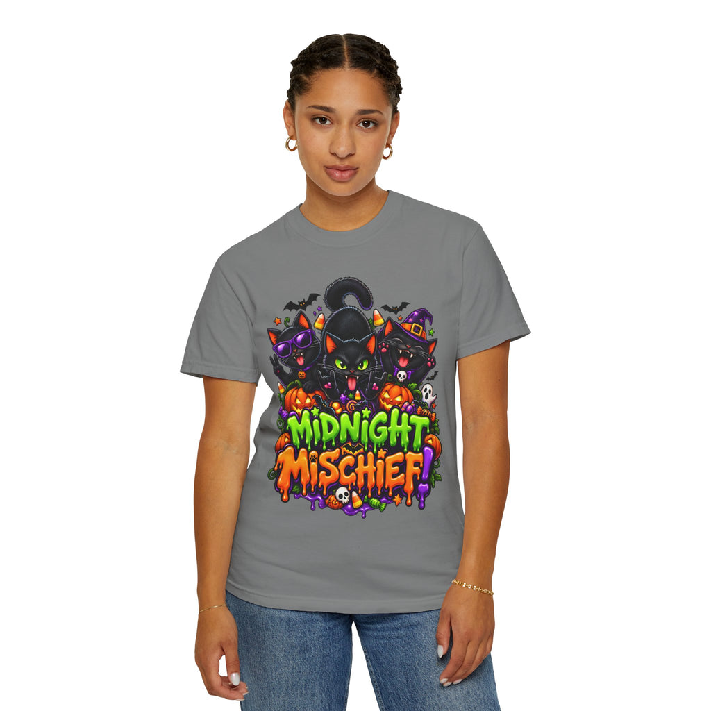 Midnight Mischief Halloween T-Shirt – Funny Black Cat Graphic Tee