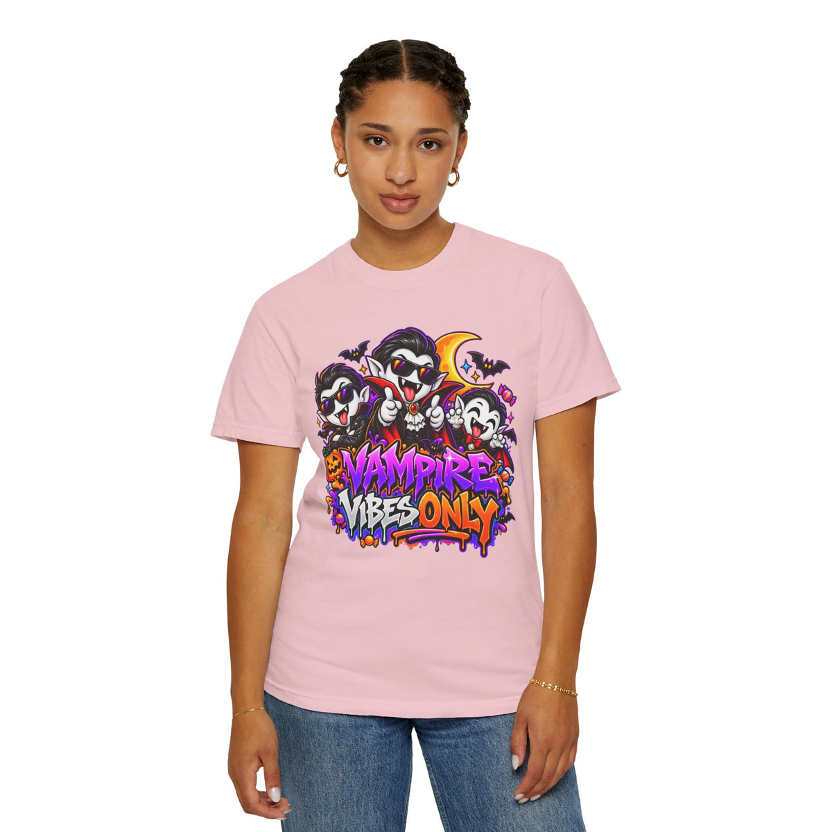 Neon Vampire Vibes Halloween Unisex Garment-Dyed T-Shirt Featuring a Cool Festora Vampire Crew
