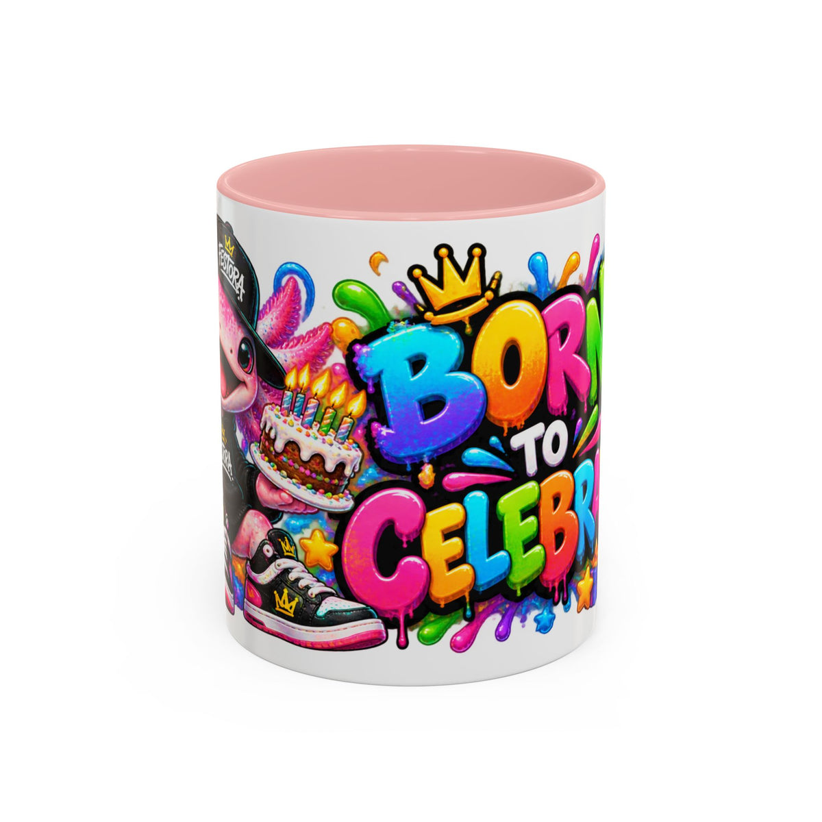 BORN TO CELEBRATE! White Ceramic Mug – Cute Axolotl Birthday Coffee Cup – Colorful Party Gift – Original FestoraShop Design