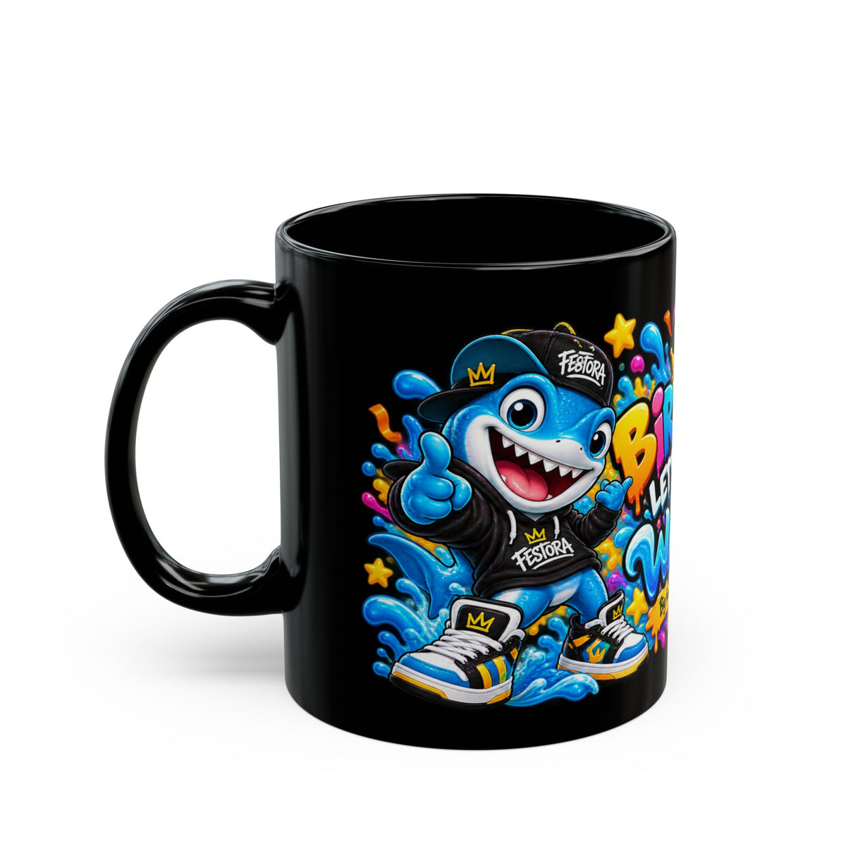 BIRTHDAY? LET’S MAKE WAVES! Black Ceramic Mug – Funny Shark Birthday Coffee Cup – Original FestoraShop Design