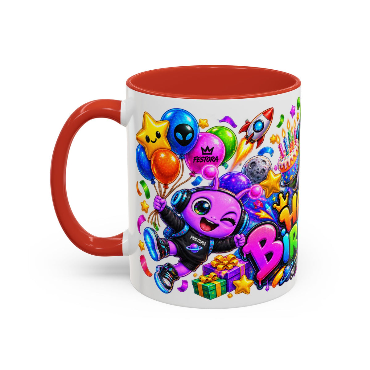 Happy Birthday Out of This World Accent Mug — Cute Alien Space Birthday Coffee Cup (11oz)