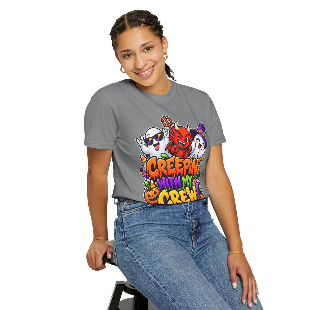 Creepin’ With My Crew Halloween T-Shirt – Colorful Funny Ghost & Devil Graphic Tee