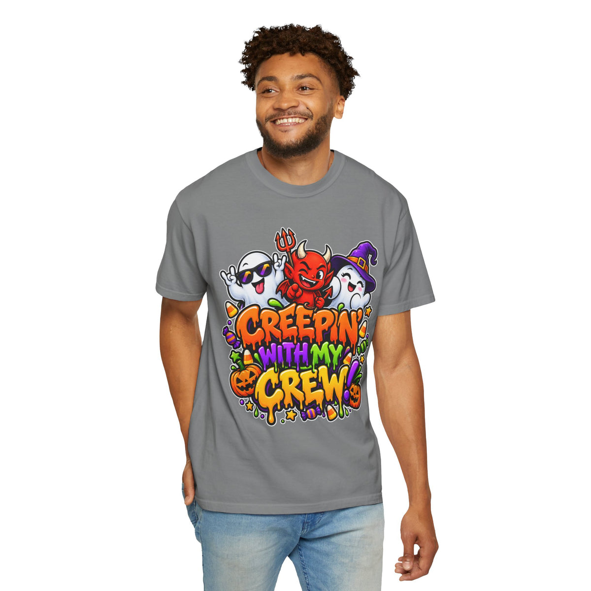 Creepin’ With My Crew Halloween T-Shirt – Colorful Funny Ghost & Devil Graphic Tee