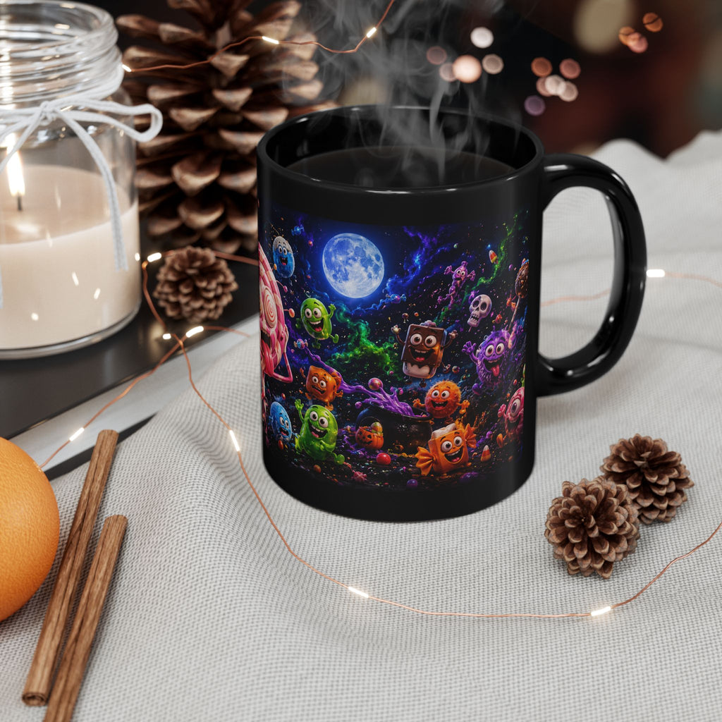 Spooky Candy Monsters Black Mug — Cute Moonlit Halloween Candy Moon Coffee Cup (11oz/15oz)