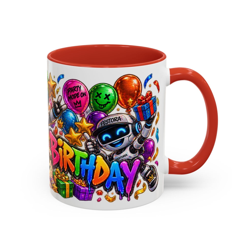 Birthday Robot Coffee Mug — Colorful Happy Birthday Accent Mug (11oz)
